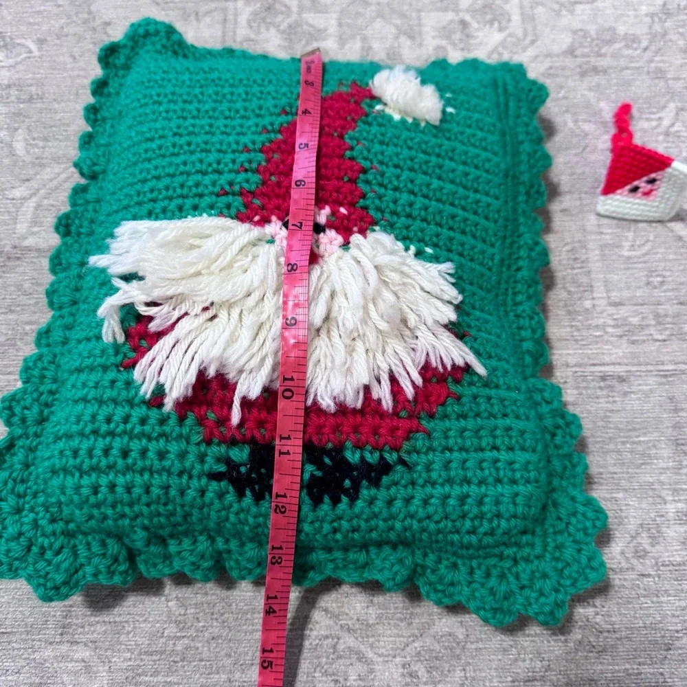 Vintage Green and Red Santa Crochet Pillow Christmas Holiday Decor
